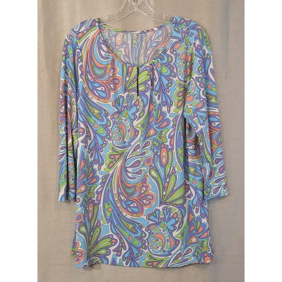 Groovy 60s 70s Multicolored Psychedelic Paisley Long Sleeve XL Tunic Hippie - Picture 2 of 12